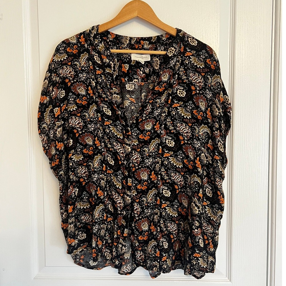 Treasure & Bond Womens 2X Floral Split Neck Blouse Black Orange Boho Top - Picture 3 of 6